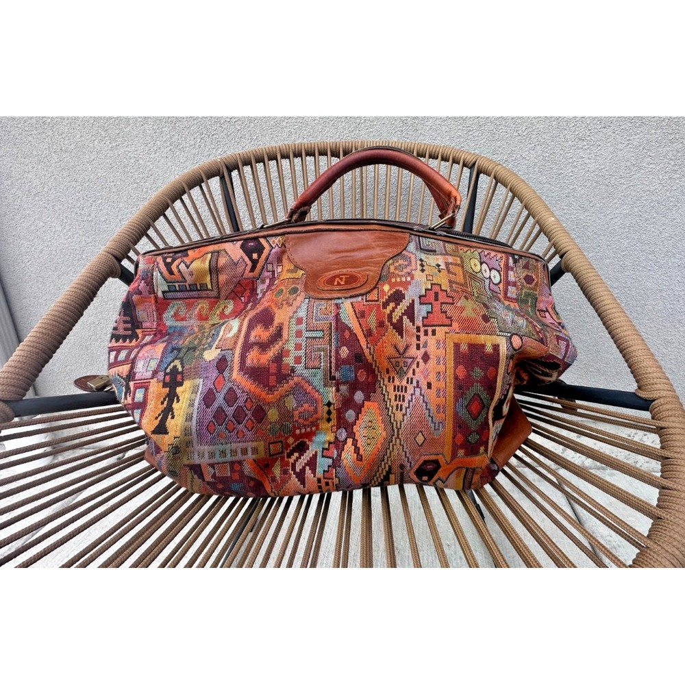 Vintage Nina Ricci KILIM Tapestry Duffle Bag Weekender Leather Travel Large